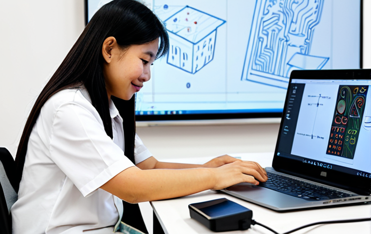 A diverse group of Vietnamese individuals engaged in skill development. A young Vietnamese woman is focused on a laptop, participating in an online course from a simple, clean home setting, showcasing remote learning. She is fully clothed in modest, appropriate attire. Beside her, an older Vietnamese man, wearing a professional, modest shirt, is engaged in a practical craft skill, such as a small circuit board or a design sketch, in a well-lit workshop space. The background subtly features elements of a digital classroom interface on a screen. The overall scene emphasizes inclusivity, accessibility, and the blend of traditional and digital learning. Professional photography, high quality, perfect anatomy, correct proportions, natural pose, well-formed hands, proper finger count, natural body proportions, vibrant colors, clear focus. safe for work, appropriate content, fully clothed, modest, family-friendly.
