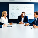 **Prompt 1: Collaborative Brainstorming in a Modern Office**
    A diverse group of professional individuals, fully clothed in modest business attire, actively collaborating around a large modern conference table in a bright, contemporary office meeting room. They are engaged in a dynamic brainstorming session, with one person writing on a whiteboard and others discussing ideas with focused, positive, and enthusiastic expressions. The environment is clean, organized, and fosters innovation and teamwork. This image should have perfect anatomy, correct proportions, and natural poses with well-formed hands and proper finger count, depicting natural body proportions. It is safe for work, appropriate content, fully clothed, and professional, captured with high-quality professional photography.