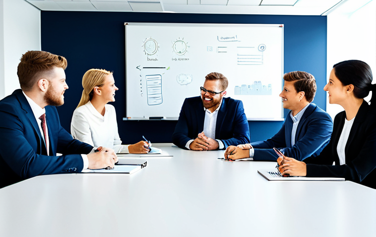 **Prompt 1: Collaborative Brainstorming in a Modern Office**
A diverse group of professional individuals, fully clothed in modest business attire, actively collaborating around a large modern conference table in a bright, contemporary office meeting room. They are engaged in a dynamic brainstorming session, with one person writing on a whiteboard and others discussing ideas with focused, positive, and enthusiastic expressions. The environment is clean, organized, and fosters innovation and teamwork. This image should have perfect anatomy, correct proportions, and natural poses with well-formed hands and proper finger count, depicting natural body proportions. It is safe for work, appropriate content, fully clothed, and professional, captured with high-quality professional photography.