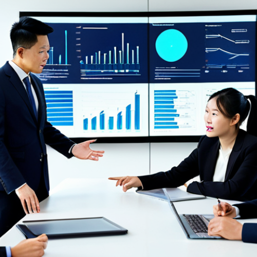 Home 17 A group of diverse Vietnamese business professionals, fully clothed in modest, professional business attire, are engaged in a strategic discussion around a modern conference table in a bright, contemporary office space. They are looking at a large interactive digital screen displaying data visualizations related to skill development and market trends. The atmosphere is collaborative and forward-thinking, emphasizing strategic investment in human resources. The image is safe for work, appropriate content, perfect anatomy, correct proportions, natural pose, well-formed hands, proper finger count, natural body proportions, professional photography, high quality, family-friendly.