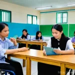 Home 16 스킬 기반 교육 모델에서의 사회적 통합 촉진 - **Prompt:** A vibrant, realistic photograph of a modern vocational training center classroom in Viet...
