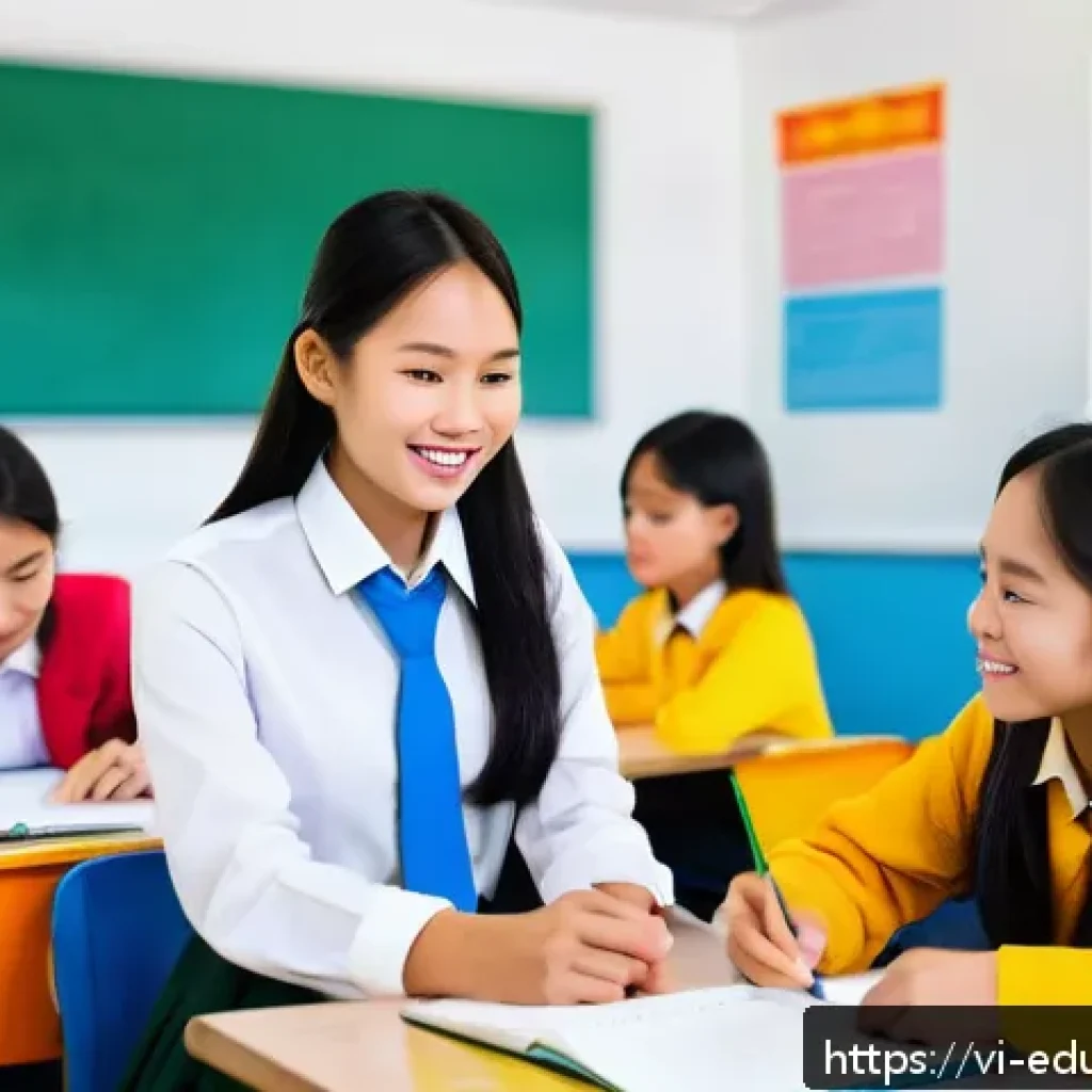스킬 기반 교육 모델의 이해관계자 참여 증진 - A vibrant Vietnamese classroom scene with diverse students aged around 12-15 actively engaged in a g...