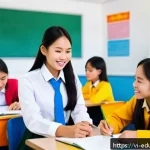 Home 17 스킬 기반 교육 모델의 이해관계자 참여 증진 - A vibrant Vietnamese classroom scene with diverse students aged around 12-15 actively engaged in a g...