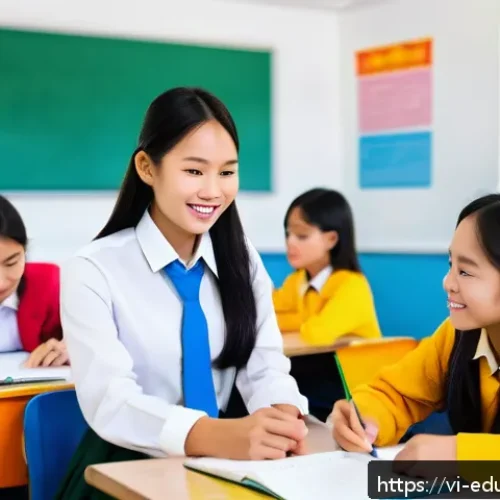 Home 11 스킬 기반 교육 모델의 이해관계자 참여 증진 - A vibrant Vietnamese classroom scene with diverse students aged around 12-15 actively engaged in a g...