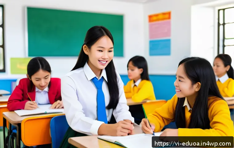 스킬 기반 교육 모델의 이해관계자 참여 증진 - A vibrant Vietnamese classroom scene with diverse students aged around 12-15 actively engaged in a g...
